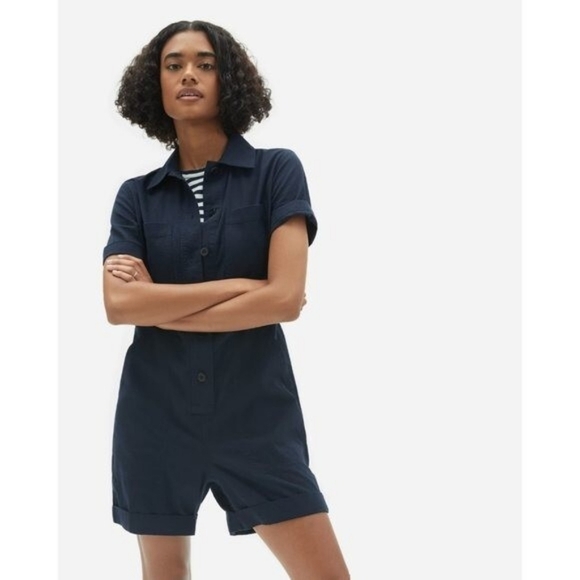 Everlane The Cotton Weave Romper Short Sleeve Pockets Navy Blue Size 4 - Picture 1 of 11